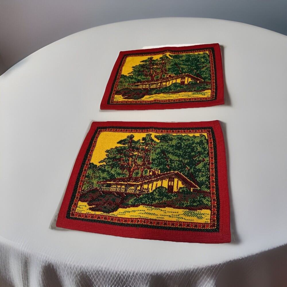 2 Vtg Cross Stitch Placemat Red Yellow Green House Trees Bushes Decor